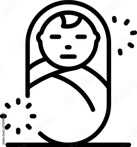 Swaddled newborn baby, simple black and white line icon representing childcare, parenting, and infancy