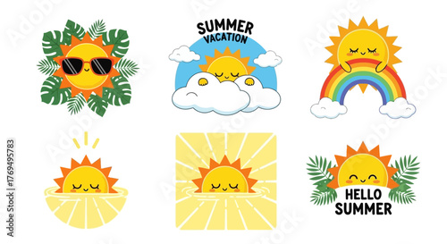 Collection of cheerful sun illustrations for summer vacation, featuring various designs and moods