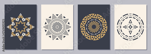 Set of flyers, posters, placards, brochure design templates A6 size with abstract circular geometric symbols. Sacred, esoteric geometry symbols. Vertical color blanks with isolated ethnic symbols.