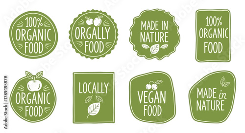 Organic food labels for products Vegan, natural, and locally sourced items with eco-friendly icons