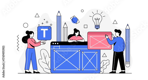 Website Design and Development Illustration Creative Team Working on Interface Elements