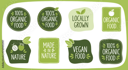 Collection of organic food labels, stickers, and badges with various design styles, perfect for branding