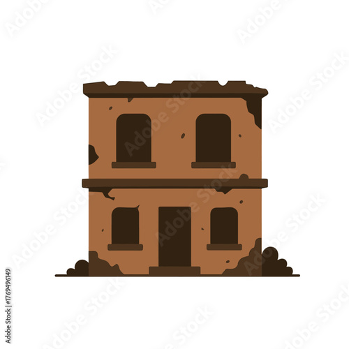 Ruined Building Illustration Crumbling Two-Story Structure