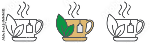 Tea cup linear and solid color icons set isolated on transparent background. Hot drink, tea symbols for café menu, barista design, takeaway packaging, and beverage branding. Editable stroke.