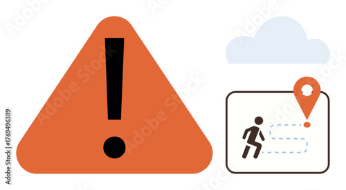 Orange triangle with exclamation sign beside person tracking path to destination via location pin. Ideal for safety, navigation, alerts, wayfinding, risk, precaution, decision-making. Simple flat