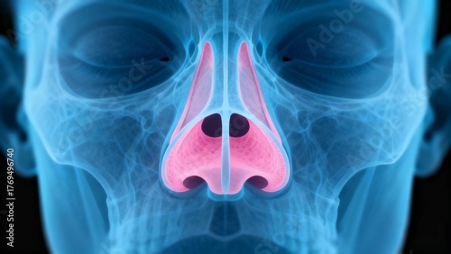 Blue and pink hue X-ray medical image, facial nose anatomy cross-sectional radiography