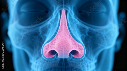 Blue and pink hue X-ray medical image, facial nose anatomy cross-sectional radiography