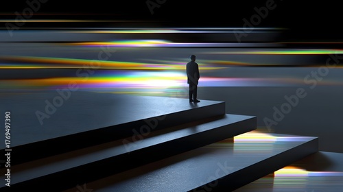 A solitary silhouetted figure stands on a minimalist platform, surrounded by abstract reflections and colored lights, creating a serene and contemplative atmosphere.