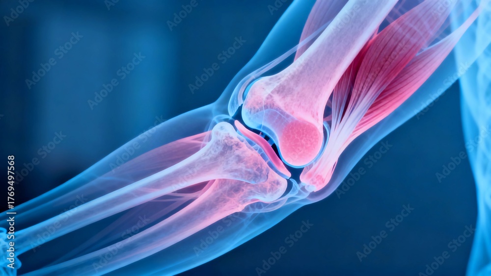 Fototapeta premium Blue and pink hue X-ray medical image, elbow joint anatomical cross-sectional radiography