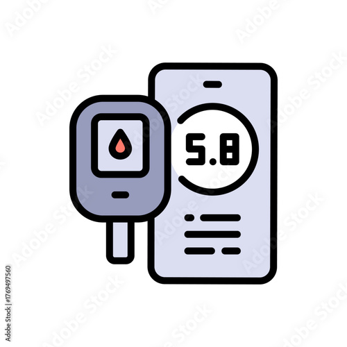 Smartphone blood glucose meter with mobile app. Blood sugar monitoring system color icon isolated on white background flat vector illustration.