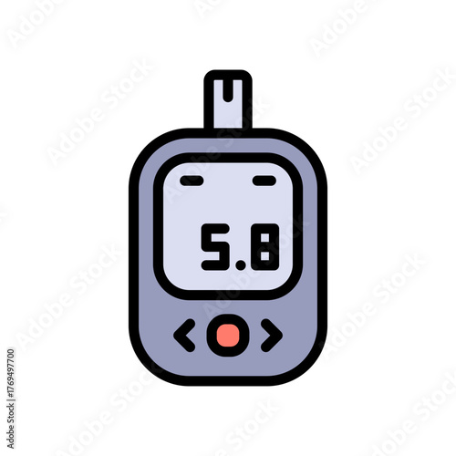 Blood glucose meter test color icon. Glucose monitor, glucometer pharmacy, testing strip diabetes, chronic, treatment vector symbol.