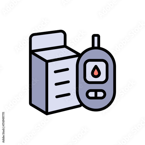 Blood glucose meter test color icon. Testing strip diabetes. Glucose monitor, glucometer pharmacy, chronic, treatment vector symbol.