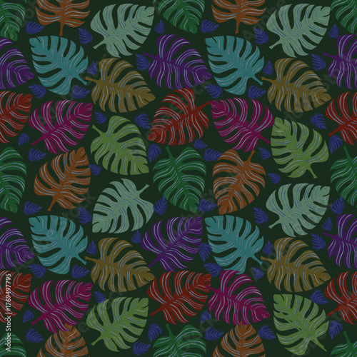 seamless floral pattern. A dark jungle-inspired pattern featuring colorful monstera leaves that evoke a lush, mysterious tropical night.