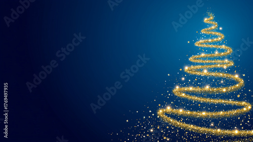 Glowing golden christmas tree on dark blue background