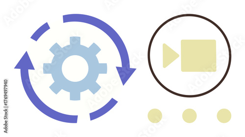 Gear inside cycle arrows and video camera icon surrounded by dots symbolize process automation, media production, collaboration, and innovation. Ideal for workflow, productivity, teamwork