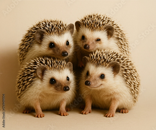 Four Baby Hedgehogs Cuddling as a Happy Animal Family
