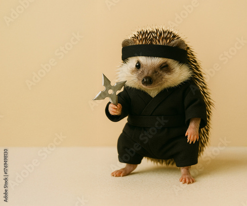 Hedgehog in Ninja Outfit Showing Japanese Culture with Humor