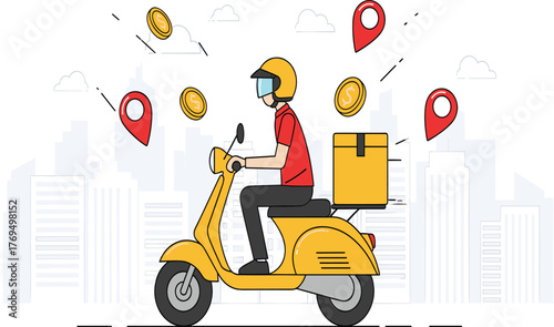 Urban delivery rider on scooter with location pins, money icons, cityscape background, fast service, e-commerce and gig economy concept