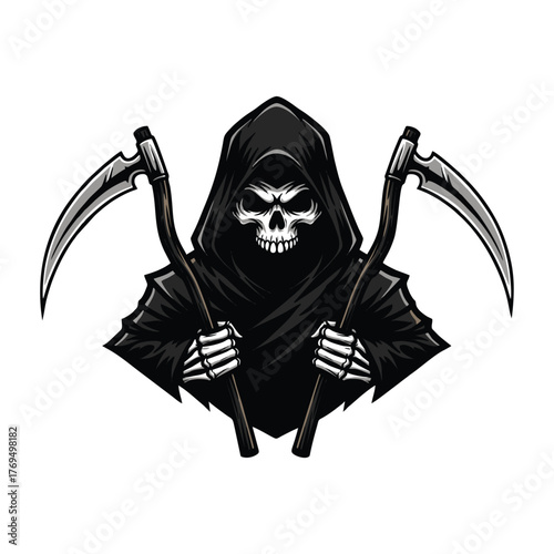 vector illustration of a skull with a black cloak and two sickle blades in hand
