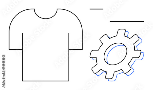 Minimalist t-shirt outline with gear emphasizing customization, design, production. Ideal for e-commerce, tailoring services, manufacturing, creativity, fashion technology teamwork. Simple flat