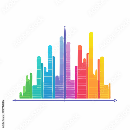 Abstract colorful city skyline graphic with a horizontal axis and arrows vector illustration