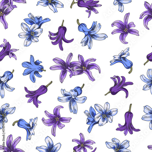 Hyacinth flowers sketch vector seamless pattern, hand drawn spring purple and blue buds blossom plant, blooming design