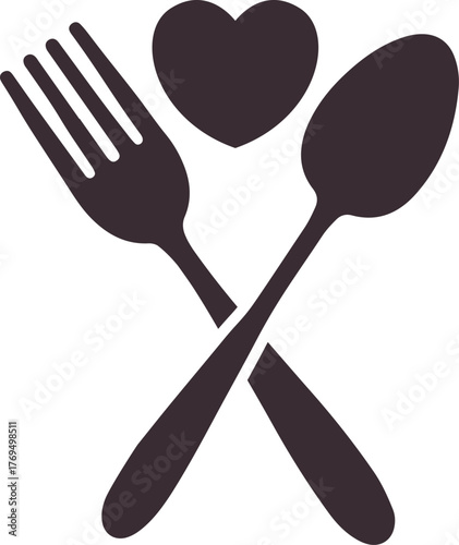 Food love crossed silverware spoon and fork with heart minimalist vector illustration