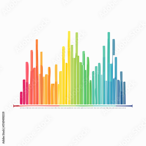 Stylized rainbow gradient equalizer bars with a textured appearance on a white background sound wave