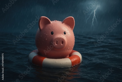 Pink piggy bank floats in lifebuoy on dark, stormy waters, surrounded by rain and lightning, symbolizing financial safety