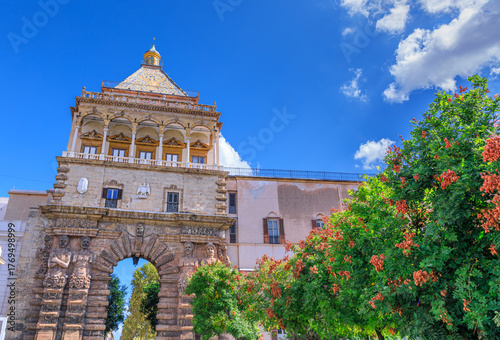 Palermo cityscape in Italy: view of doorway of the Porta Nuova (the New Gate).
