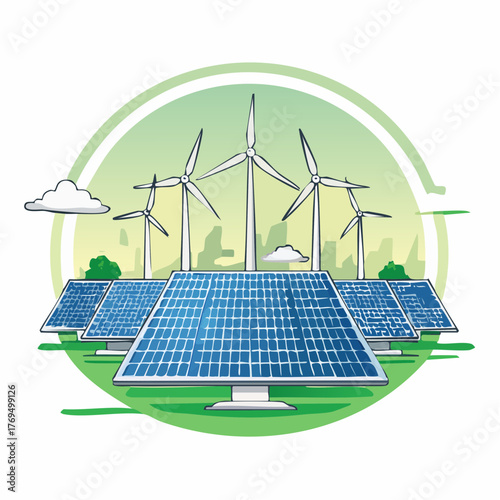 Renewable energy concept with solar panels and wind turbines in a circular green frame clean energy sustainability