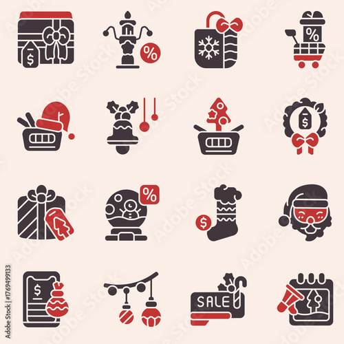 Collection of red and black holiday sale icons, including gift boxes, shopping bags, Santa, ornaments, and Christmas trees, perfect for promotional materials