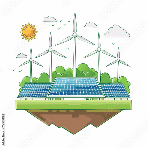 Floating island with solar panels and wind turbines under a sunny sky with birds renewable energy clean energy