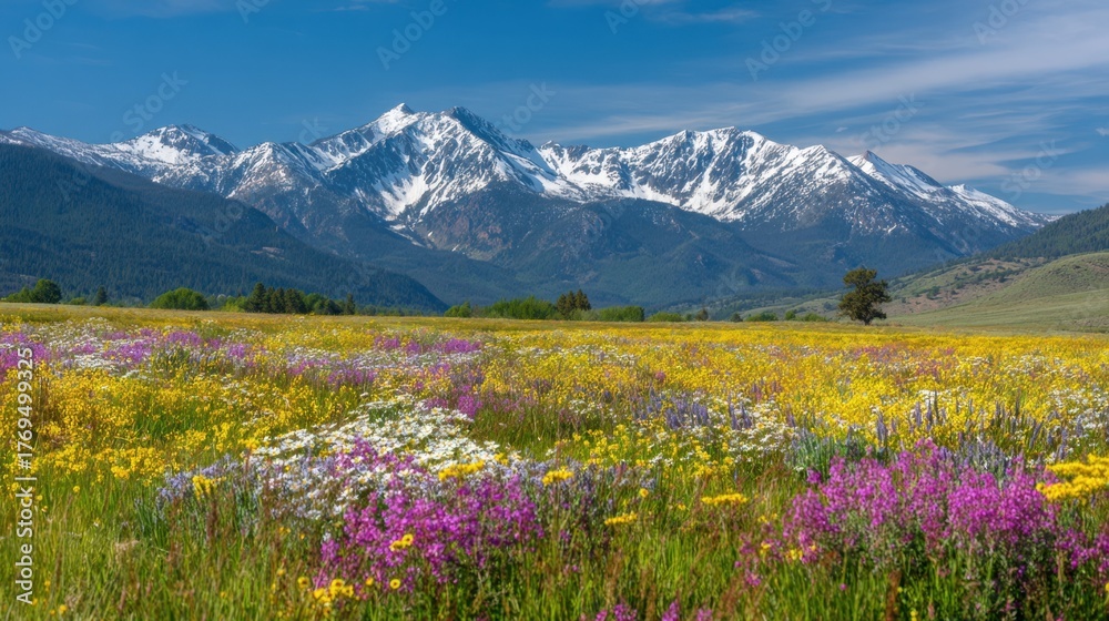 Fototapeta premium A beautiful field of wildflowers with a mountain range in the background. The sky is clear and blue, and the sun is shining brightly. The scene is peaceful and serene, and it evokes a sense of calm