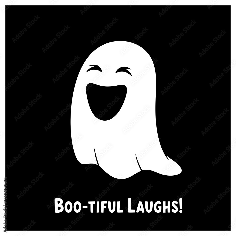 Obraz premium A cheerful white spectral figure with a wide-open mouth, expressing joyous laughter, set against a dark background, perfect for a playful spooky season design and happy holiday themes