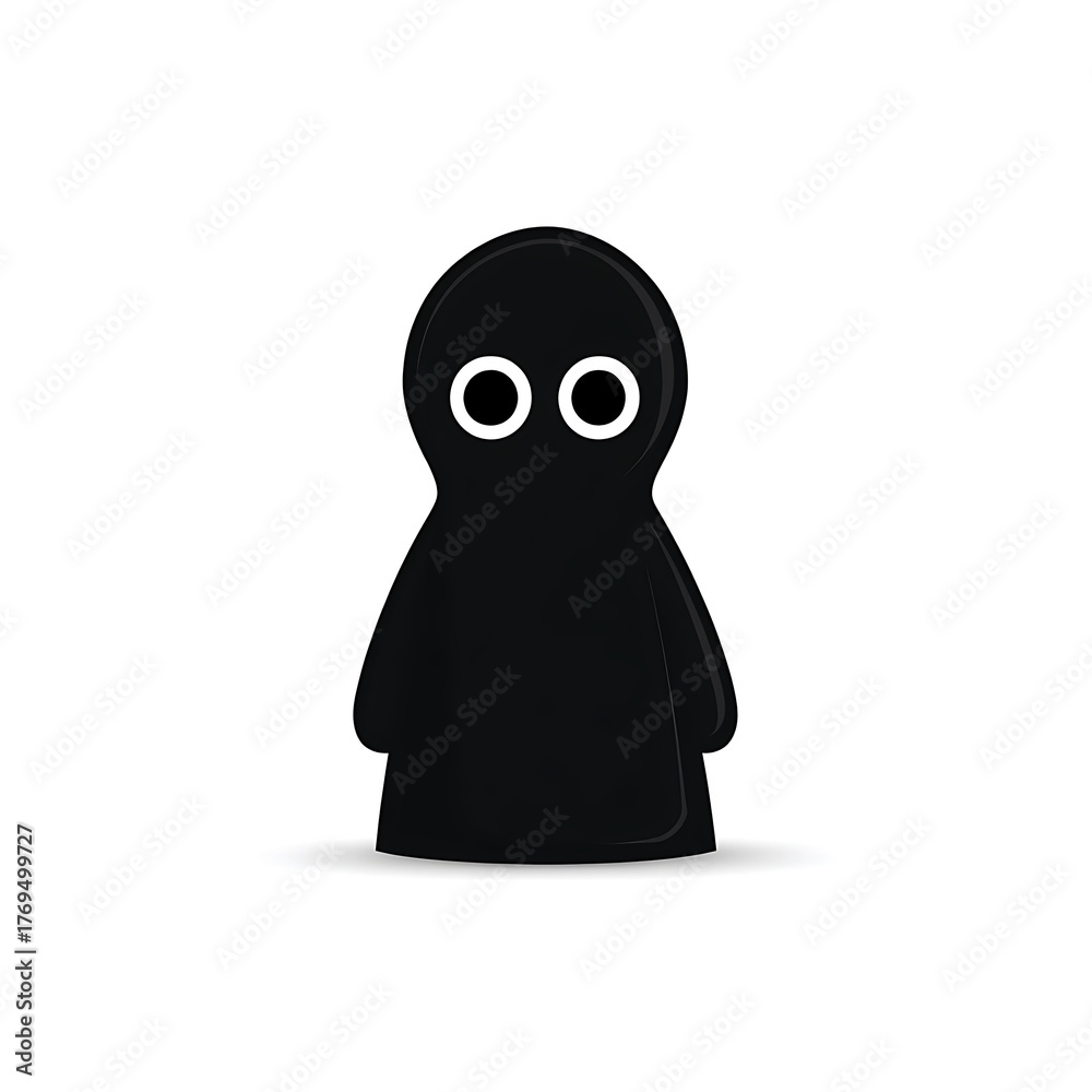 Obraz premium Whimsical black figure with striking white eyes, standing against a stark white backdrop. A minimalist design evokes a sense of playful mystery and intrigue.
