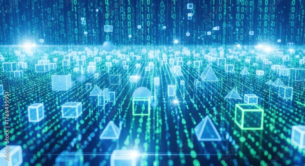 Obraz premium A digital landscape with binary code and geometric shapes.