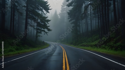 Curving asphalt road cutting through forest in dense fog, mysterious and dramatic lighting, 