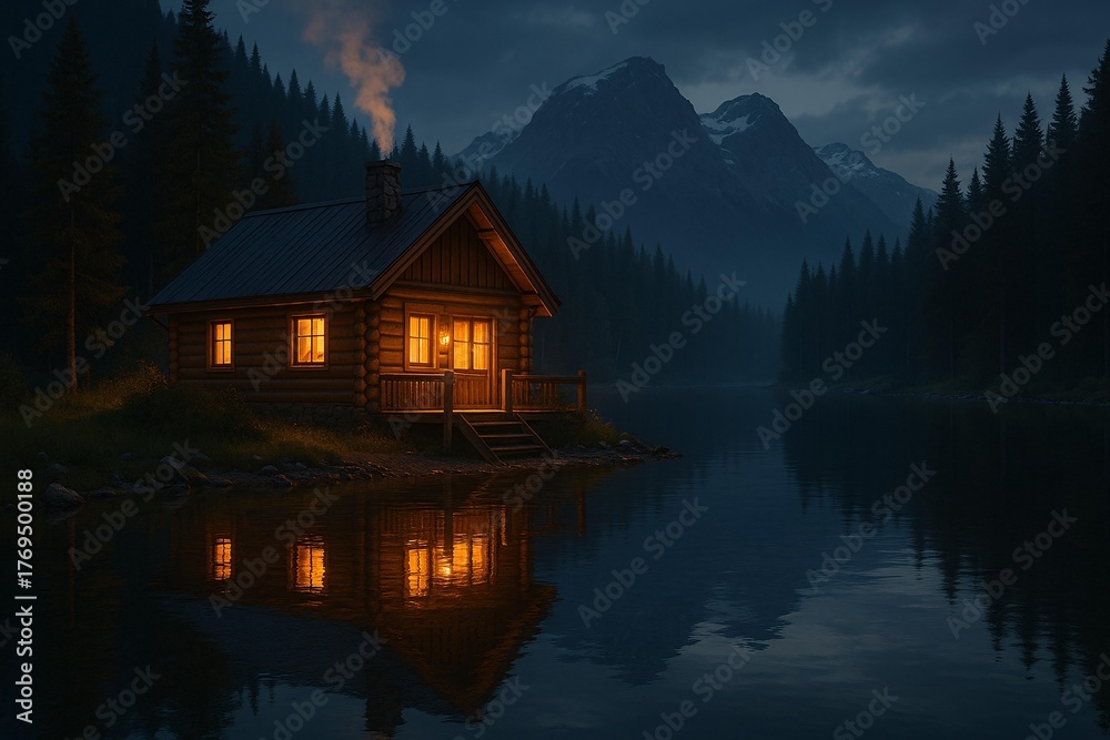 Fototapeta premium Serene Cabin by a Mountain Lake at Dusk with Glowing Windows and Forest Backdrop