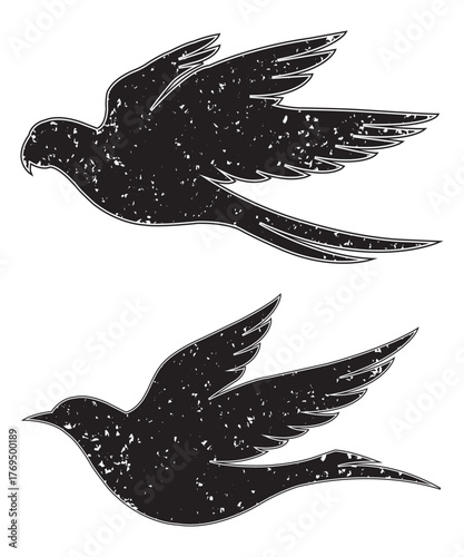 Grunge Flying Bird Silhouettes Vector Illustration.