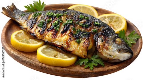 Grilled fish with lemon slices, charred surface with garnish, rustic studio light, isolated on white background