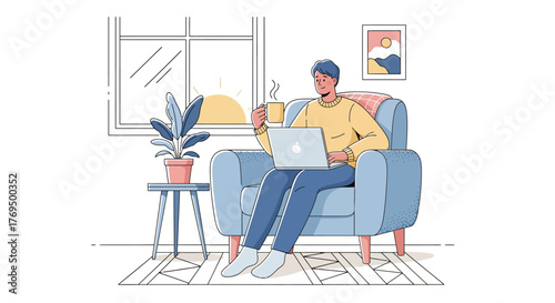 A serene work-from-home scene illustrating a comfortable character focused on productivity in a cozy armchair, bathed in soft morning light near a window, embodying modern remote living