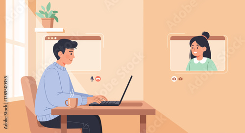 A digital work scene featuring a male character and a female character communicating via a video call