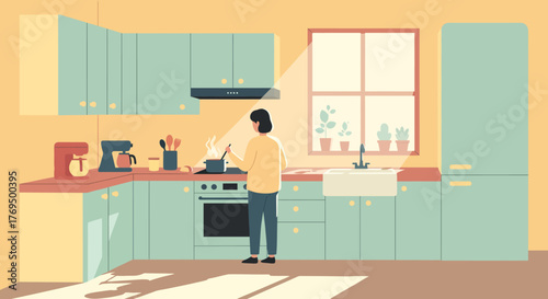 A vibrant kitchen scene featuring a character actively cooking a healthy meal, bathed in warm morning sunlight, illustrating a peaceful domestic routine and culinary lifestyle
