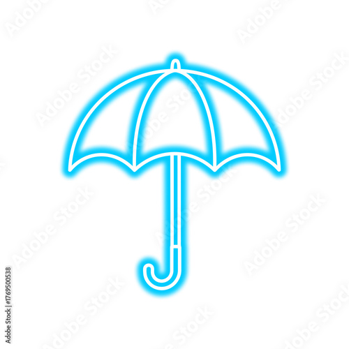 A glowing blue neon outline of an open umbrella on a white background.