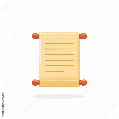 Antique scrolled document with text lines and orange finials isolated on white background