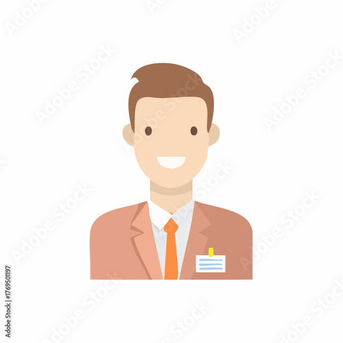 Friendly Smiling Man in a Business Suit with an Orange Tie and ID Badge