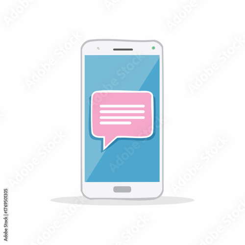 Smartphone displaying a pink speech bubble with text messages and blue screen