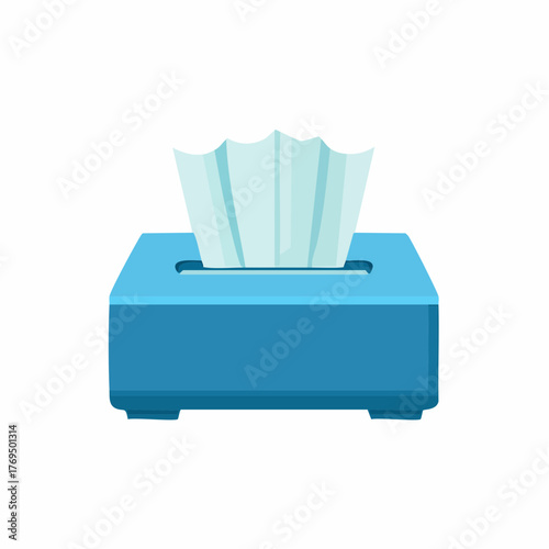 Blue tissue box with protruding tissue. Vector illustration of a facial tissue dispenser in cartoon style.