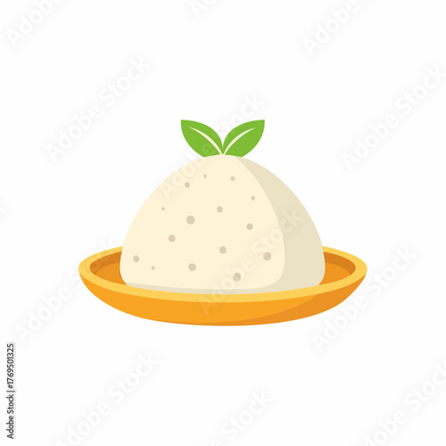 Refreshing Mochi Dessert with Green Leaves on a Yellow Plate Serving a Sweet Treat Delight